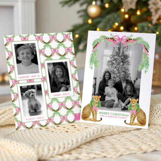 Watercolor Preppy Leopard Garland Christmas Feestdagenkaart