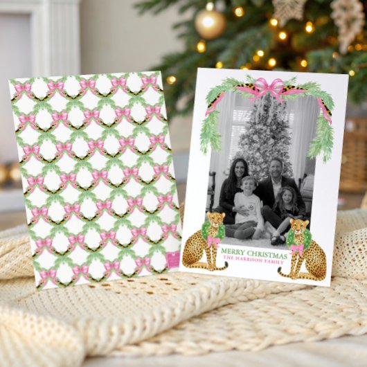 Watercolor Preppy Leopard Garland Christmas Feestdagenkaart