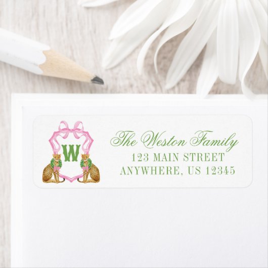 Watercolor Preppy Leopard Monogram Crest Address Etiket (Insitu)