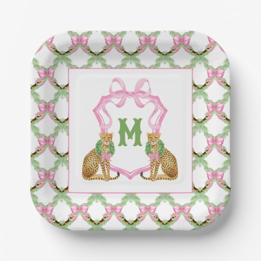 Watercolor Preppy Leopard Monogram Crest Papieren Bordje (Voorkant)