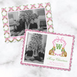 Watercolor Preppy Leopard Monogram Crest Photo Feestdagenkaart