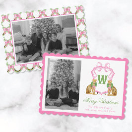 Watercolor Preppy Leopard Monogram Crest Photo Feestdagenkaart