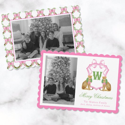 Watercolor Preppy Leopard Monogram Crest Photo Feestdagenkaart