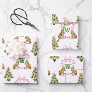 Watercolor Preppy Luipaard Kerst Monogram Wapen Inpakpapier Vel