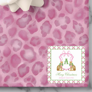 Watercolor Preppy Luipaard Kerst Monogram Wapen Vierkante Sticker