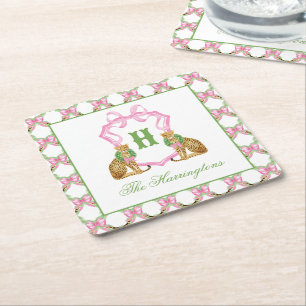 Watercolor Preppy Luipaard Kerst Monogram Wapensch Kartonnen Onderzetters