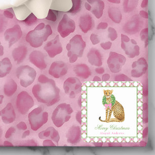 Watercolor Preppy Luipaard Kerst Vierkante Sticker