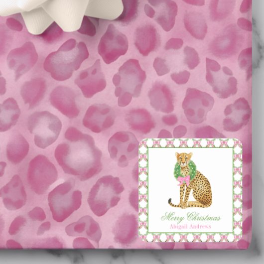 Watercolor Preppy Luipaard Kerst Vierkante Sticker