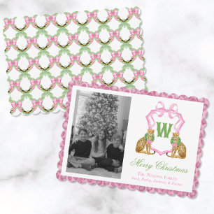 Watercolor Preppy Luipaard Monogram Wapen Foto Feestdagenkaart
