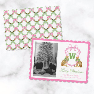 Watercolor Preppy Luipaard Monogram Wapenschild Fo Feestdagenkaart