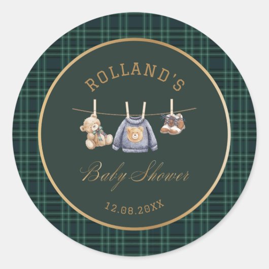 Watercolor preppy plaid teddy bear baby shower Ronde Sticker (Voorkant)