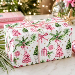 Watercolor Preppy Roze Groene Palm Beach Kerst Cadeaupapier