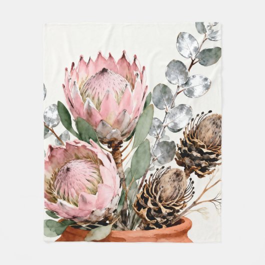 Watercolor Protea Eucalyptus Arrangement Fleece Deken (Voorkant)