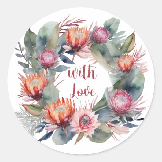 Watercolor Protea Krans Cirkel Sticker (Voorkant)