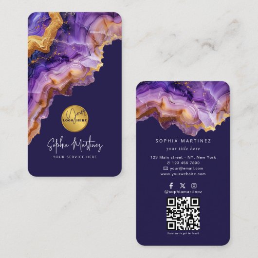 Watercolor Purple Agate gold glitter & QRCode Logo Visitekaartje (Voorkant / Achterkant)