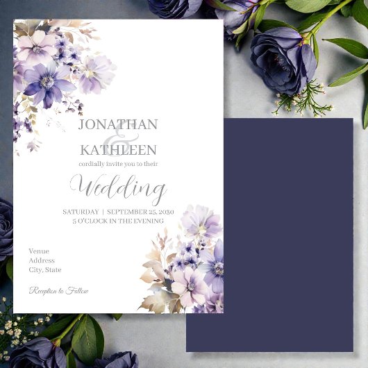 Watercolor Purple & Blue Floral Wedding Invitation Kaart