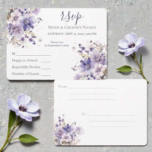 Watercolor Purple & Blue Floral Wedding RSVP Kaart