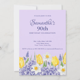 Watercolor Purple Floral 90th Birthday Party Kaart