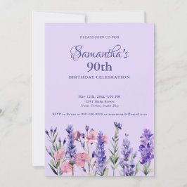 Watercolor Purple Floral 90th Birthday Party Kaart
