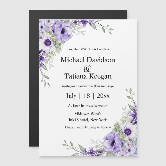 watercolor purple floral wedding invitation magnet (Voorkant / Achterkant)