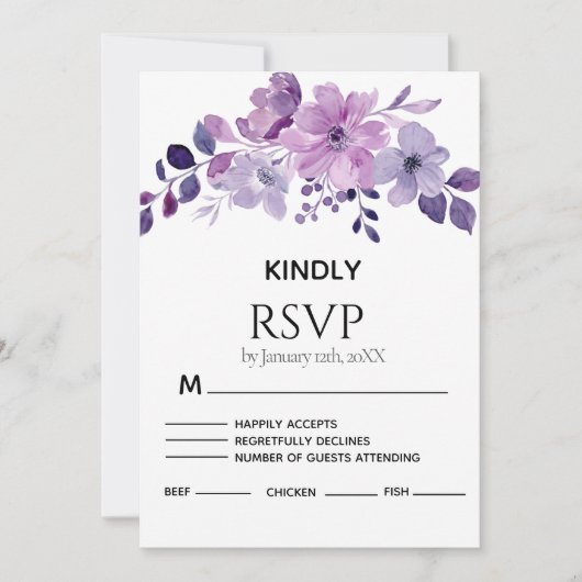 Watercolor purple flower bouquet RSVP card (Voorkant)