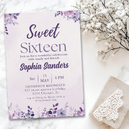 Watercolor Purple Flowers Sweet Sixteen Kaart