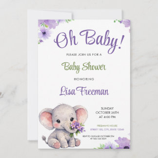 Watercolor Purple & Green Elephant Baby Shower Kaart