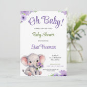 Watercolor Purple & Green Elephant Baby Shower Kaart (Staand voorkant)