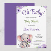 Watercolor Purple & Green Elephant Baby Shower Kaart (Voorkant / Achterkant)