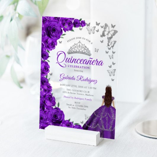 Watercolor Purple Roses Silver Quinceanera Acryl Uitnodigingen