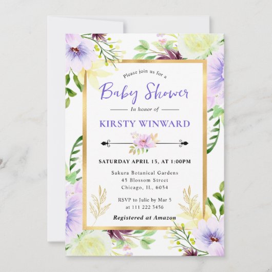 Watercolor Purple Summer Flowers Baby Shower Kaart (Voorkant)