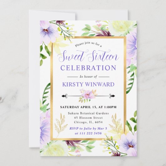 Watercolor Purple Summer Flowers Sweet 16 Kaart (Voorkant)