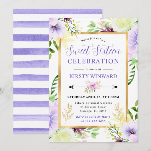 Watercolor Purple Summer Flowers Sweet 16 Kaart (Voorkant / Achterkant)