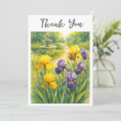 Watercolor Purple & Yellow Irises  Birthday Party  Bedankkaart (Staand voorkant)
