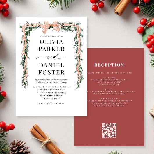 Watercolor QR-code rode strik Kerstgroen Kaart