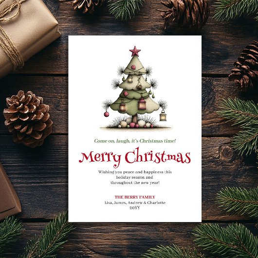 Watercolor quirky Christmas tree greeting card Feestdagenkaart