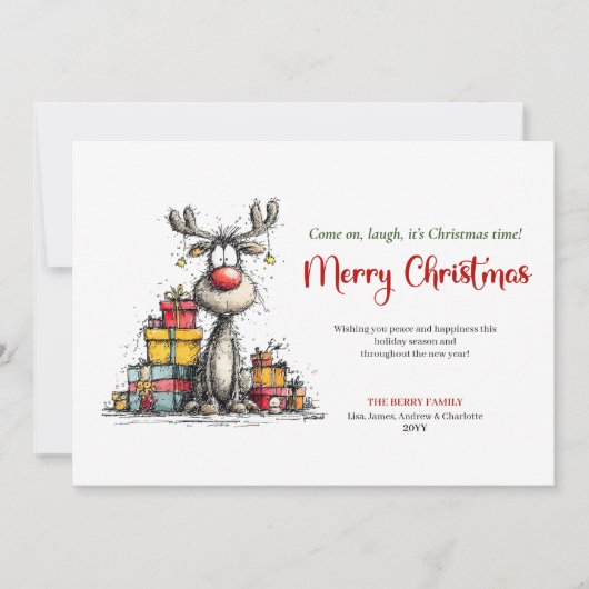 Watercolor quirky reindeer holiday greeting card feestdagenkaart (Voorkant)