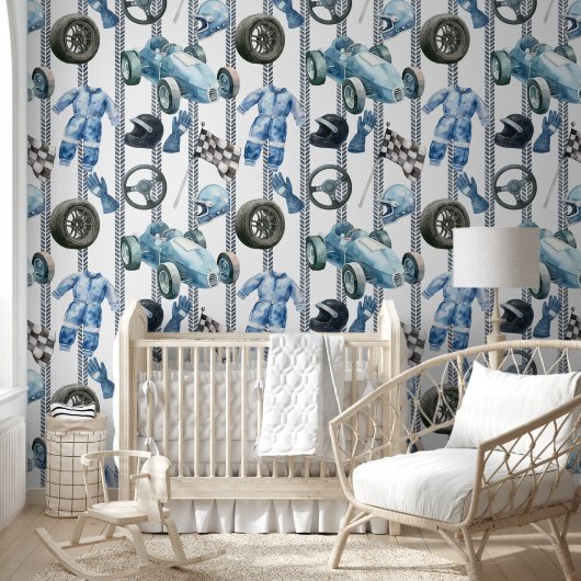 Watercolor Race Car & Gear Patter Behang (Kinderen)