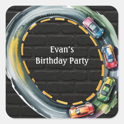 Watercolor Race Track Boys Birthday Party Vierkante Sticker (Voorkant)