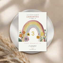 Watercolor Rainbow Flowers 3rd Birthday Party Kaart