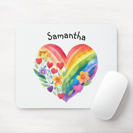 Watercolor Rainbow Heart & Flowers Personalized Muismat (Met muis)