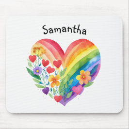 Watercolor Rainbow Heart & Flowers Personalized Muismat