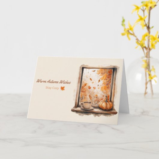 Watercolor Rainy Window with Pumpkin and Coffee Kaart (Gele Bloem)