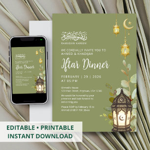 Watercolor Ramadan Iftar Groene Maan Uitnodiging
