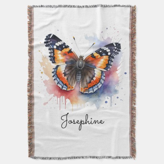 Watercolor Red Admiral Butterfly Name Deken (Voorkant Verticaal)