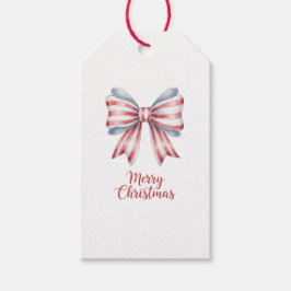 Watercolor Red & Blue Bow Merry Christmas Tag Cadeaulabel