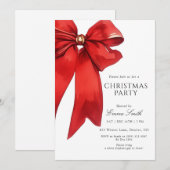 Watercolor Red Bow Christmas Party Invitation Kaart (Voorkant / Achterkant)