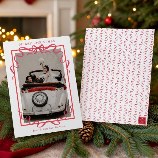 Watercolor Red Bow Photo Feestdagenkaart