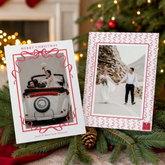 Watercolor Red Bow Photo Feestdagenkaart