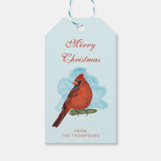 Watercolor Red Cardinal Bird Merry Christmas Blue Cadeaulabel (Voorkant)